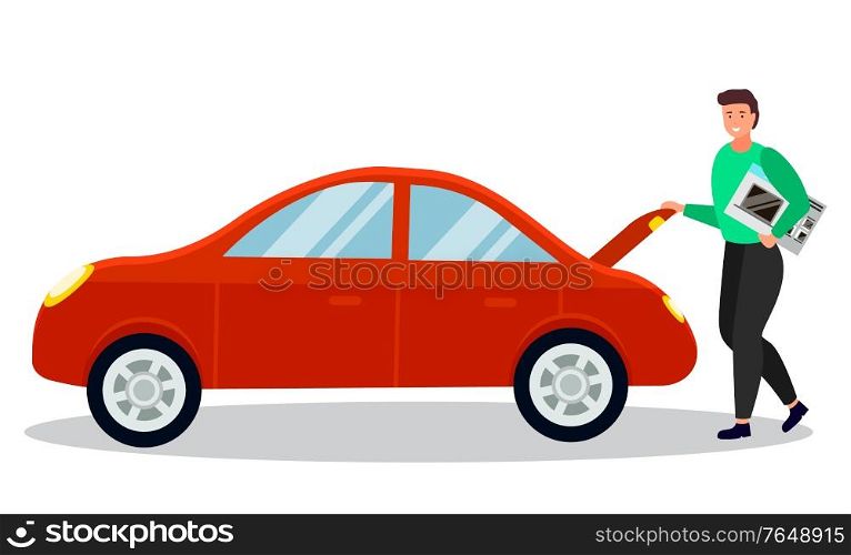 Man going home from shopping. Male putting microwave oven in back of vehicle. Character with new appliance for house. Shopping personage standing by automobile ready to go away. Vector in flat. Man Placing Bought Electronic Device at Car Vector