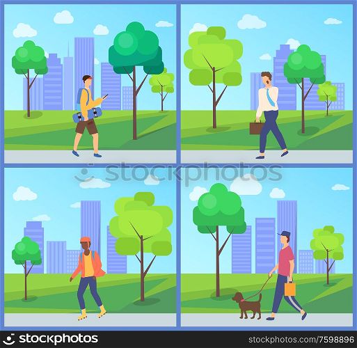 Man going in park near buildings and trees, person walking with dog, teenager holding skateboard, boy rollerblading in casual clothes, leisure vector. Men Going in City Park, Outdoor Activity Vector