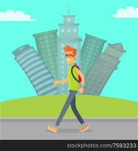 Man going outdoor by road near skyscraper with cloudy sky. Side and full length view of smiling man walking near buildings, boy in casual clothes vector. Smiling Man, Walking Man near Buildings Vector