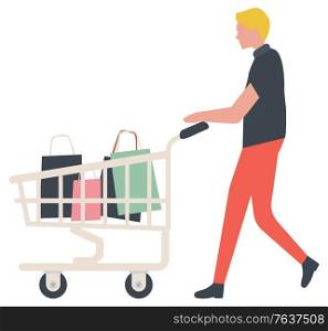 Man going with truck, shopping element. Shopper with purchases in cart, transportation symbol, shopper with bags, sale old collection, commercial. Vector illustration in flat cartoon style. Male Going with Purchases in Truck, Shop Vector