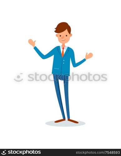 Man greeting waving hand to say hello welcome vector in flat style. Man executive chief wearing formal suit with tie. Leader, boss of company business. Man Greeting Waving Hand to Say Hello, Welcome