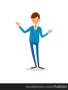 Man greeting waving hand to say hello welcome vector in flat style. Man executive chief wearing formal suit with tie. Leader, boss of company business. Man Greeting Waving Hand to Say Hello, Welcome
