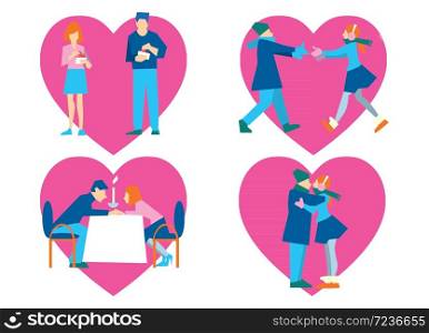 Man greeting Woman with Happy Valentine Day. Love, heart, gift. Romantic days. Cartoon Vector illustration.. Valentine day love beautiful