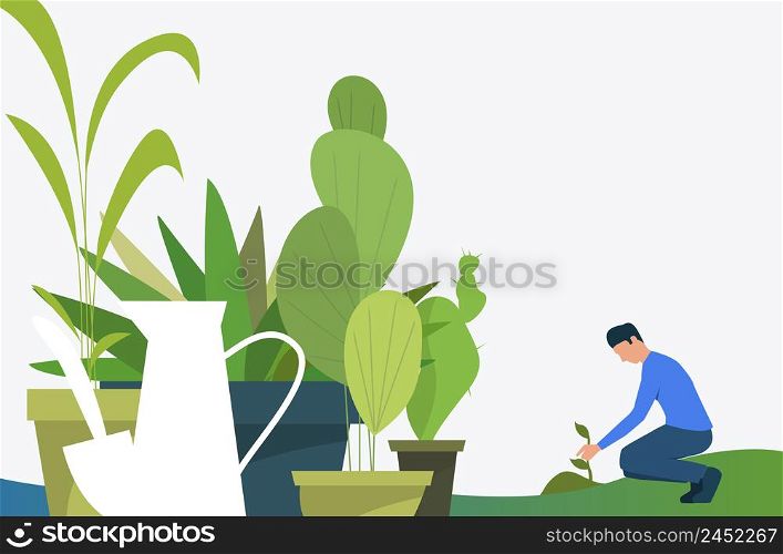 Man growing plant outdoors and green houseplants in pots. Leaves, nature, agriculture concept. Vector illustration can be used for topics like botany, planting, gardening. Man growing plant outdoors and green houseplants in pots