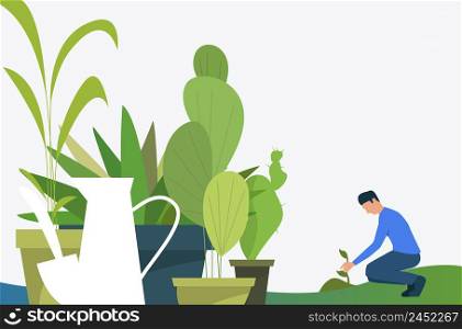 Man growing plant outdoors and green houseplants in pots. Leaves, nature, agriculture concept. Vector illustration can be used for topics like botany, planting, gardening. Man growing plant outdoors and green houseplants in pots