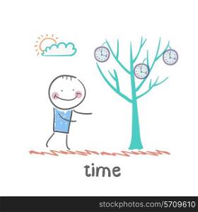 man grows a tree with clock