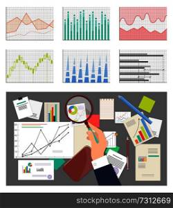 Man hand and glass charts, set of diagrams and papers, magnifying glass and diagrams with charts, pen and pencil, isolated on vector illustration. Mans Hand and Glass Charts Set Vector Illustration