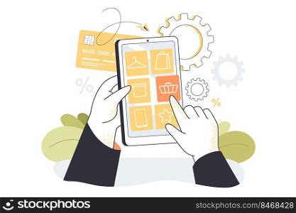Man hand choosing category and products in smartphone using online shop service, app. Customer shopping, making payment via electronic device. Ecommerce, application for purchases, technology concept