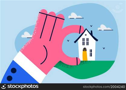 Man hand hold tiny house in hands recommend real estate agency good quality services. Relator or broker sell cottage or home to customer. Rent, realty concept. Flat vector illustration. . Broker hold house in hand recommend real estate agency services