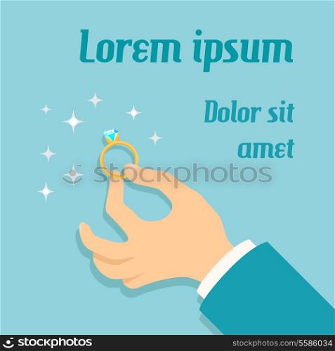 Man hand holding expensive gold ring with diamond engagement marriage proposal poster vector illustration