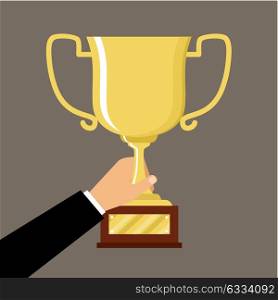 Man hand holding gold cup of the winner, success. Vector illustration