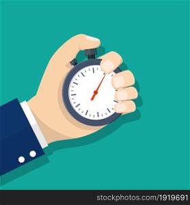 Man hand holding stopwatch. Time management concept. Time control, planning. Vector illustration in flat style. Man hand holding stopwatch.