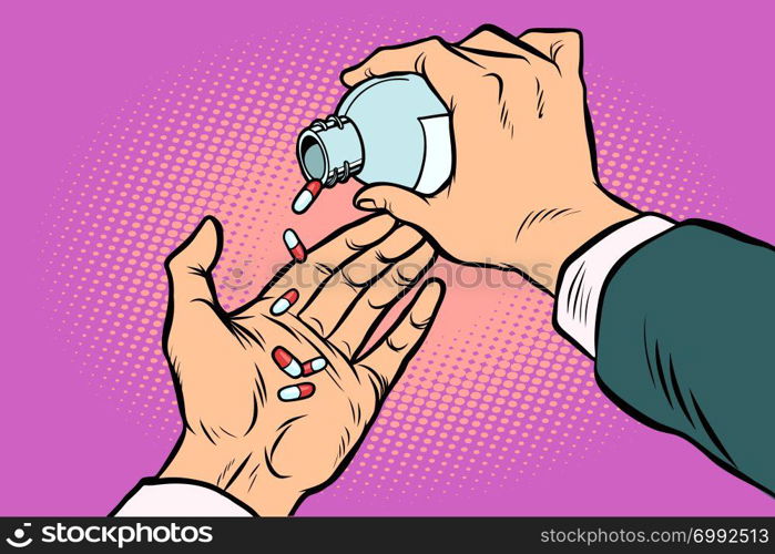 man hand pours out pills. Comic cartoon pop art retro vector illustration drawing. man hand pours out pills