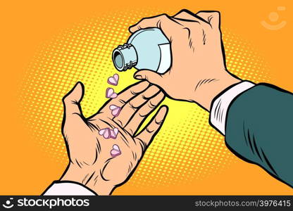 man hand pours out pills hearts. Comic cartoon pop art retro vector illustration drawing. man hand pours out pills hearts