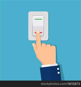 Man hand push button switch. Electric control switch by pressing hand. White button with indicator lamps. Vector illustration in flat design. Man hand push button switch.