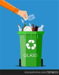 man hand throws garbage into a glass container. Vector illustration in flat style. man hand throws garbage into a glass container