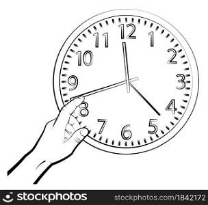 man hand translates hands of mechanical watch. Time to wake up concept. Mechanical watch for measuring time. Vector