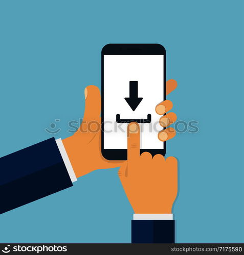 Man hands holding smartphone with download sign on screen. Finger touching smartphone screen in trendy flat style. EPS 10. Man hands holding smartphone with download sign on screen. Finger touching smartphone screen in trendy flat style.