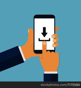 Man hands holding smartphone with download sign on screen. Finger touching smartphone screen in trendy flat style. EPS 10. Man hands holding smartphone with download sign on screen. Finger touching smartphone screen in trendy flat style.