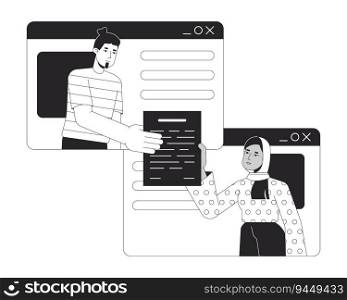 Man hands over document to woman bw concept vector spot illustration. Freelancers in browser window 2D cartoon flat line monochromatic character for web UI design. Editable isolated outline hero image. Man hands over document to woman bw concept vector spot illustration