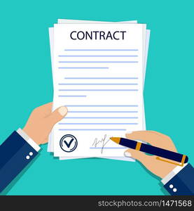 Man hands with paper contract. Obligation signature of contract on form document. Legal signature of treaty in flat style. Businessman signs official document. Hand signs contract. vector illustration. Man hands with paper contract. Obligation signature of contract on form document. Legal signature of treaty in flat style. Businessman signs official document. Hand signs contract. vector