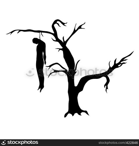 Man hanged from a dead tree silhouette isolated on white background. Man hanged from a dead tree