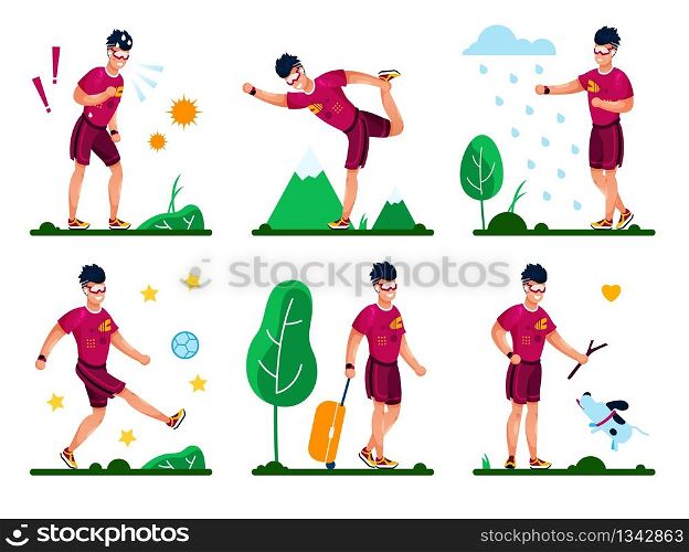 Man Happy and Healthy Lifestyle, Summer Outdoor Activities Trendy Flat Vector Set. Young Guy Playing Ball, Stretching in Park, Walking with Gog, Going on Travel, Tired After Training Illustrations