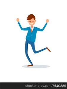 Man happy with achievements, lucky businessman flat style vector. Worker with smile on face, successful manager jumping, leader smiling celebrating. Man Happy with Achievements, Lucky Businessman