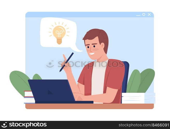 Man has idea 2D vector isolated illustration. Efficient worker flat character on cartoon background. Creative professional colourful editable scene for mobile, website, presentation . Man has idea 2D vector isolated illustration