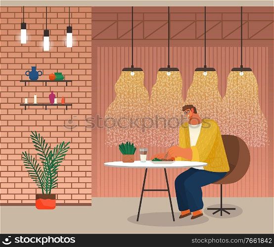 Man has lunch alone in cafe. Guy eating salad at home or restaurant. Room interior with brick wall, shelves with decoration and plants. Person on break or dinner. Vector illustration in flat style. Man Eat Salad in Restaurant Alone, Cafe Interior
