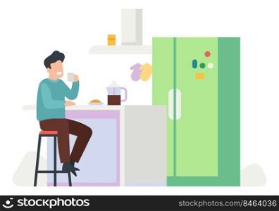 Man having breakfast at home. Morning coffee routine isolated on white background. Man having breakfast at home. Morning coffee routine