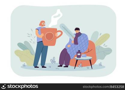 Man having cold and flu, wrapping himself in plaid, measuring body temperature. Girl taking care about sick boyfriend, giving hot drink to him