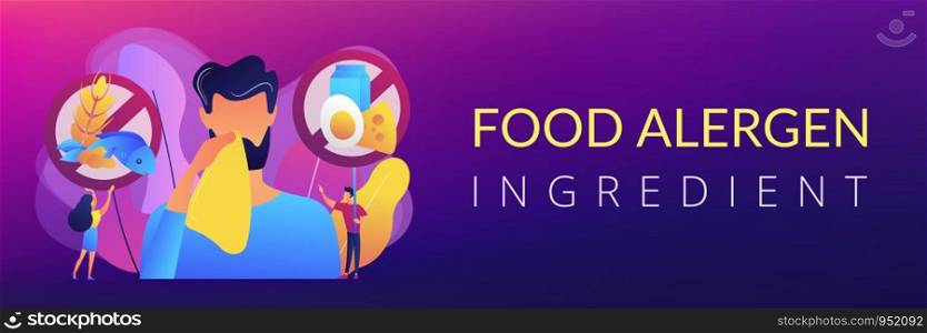 Man having food allergy symptoms to products like fish, milk and eggs. Food allergy, food alergen ingredient, allergy risk factor concept. Header or footer banner template with copy space.. Food allergy concept banner header.