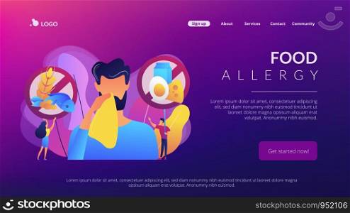 Man having food allergy symptoms to products like fish, milk and eggs. Food allergy, food alergen ingredient, allergy risk factor concept. Website vibrant violet landing web page template.. Food allergy concept landing page.