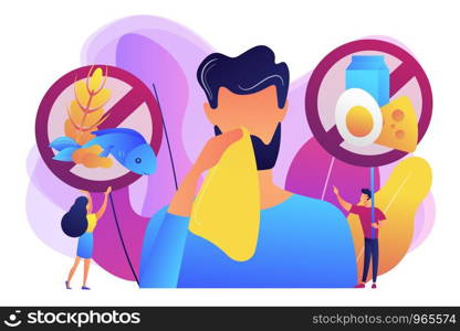 Man having food allergy symptoms to products like fish, milk and eggs. Food allergy, food alergen ingredient, allergy risk factor concept. Bright vibrant violet vector isolated illustration. Food allergy concept vector illustration.