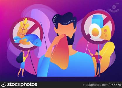 Man having food allergy symptoms to products like fish, milk and eggs. Food allergy, food alergen ingredient, allergy risk factor concept. Bright vibrant violet vector isolated illustration. Food allergy concept vector illustration.
