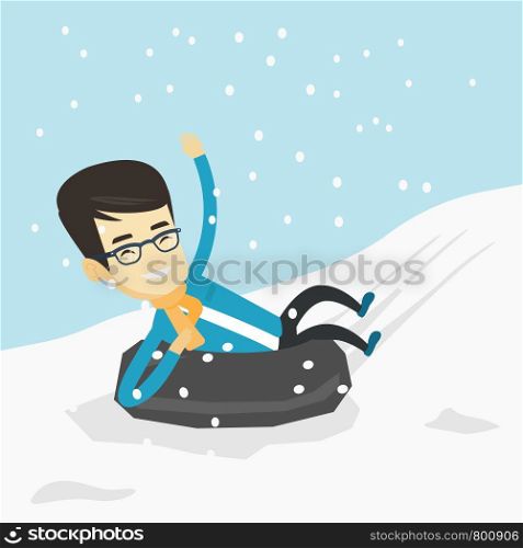 Man having fun while sledding on snow rubber tube. Man riding on snow rubber tube. Man sitting in snow rubber tube. Concept of winter leisure activity. Vector flat design illustration. Square layout.. Man sledding on snow rubber tube in the mountains.