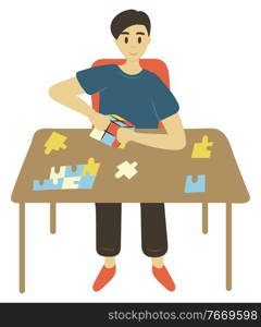 Man having fun with solving puzzles vector, isolated character sitting by table. Man playing games developing cognitive abilities, educational development. Man Solving Puzzles Intellectual Games Vector