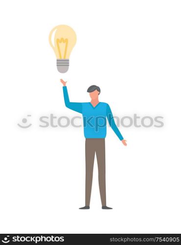 Man having good idea isolated on white. Businessman and light bulb, symbol of fresh thoughts and innovative approach, vector cartoon character, flat style. Man Having Good Idea Isolated on White Businessman