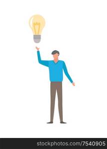 Man having good idea isolated on white. Businessman and light bulb, symbol of fresh thoughts and innovative approach, vector cartoon character, flat style. Man Having Good Idea Isolated on White Businessman