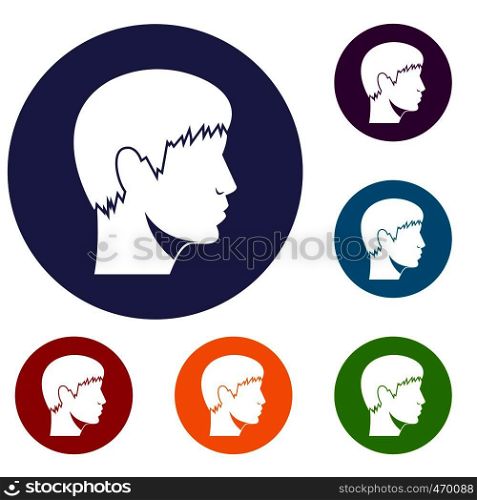 Man head icons set in flat circle reb, blue and green color for web. Man head icons set