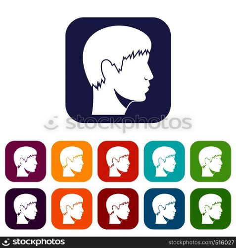 Man head icons set vector illustration in flat style in colors red, blue, green, and other. Man head icons set