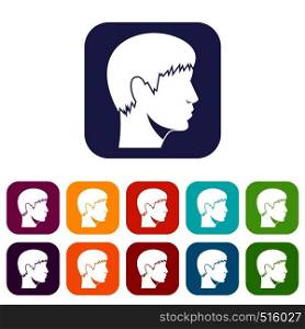Man head icons set vector illustration in flat style in colors red, blue, green, and other. Man head icons set