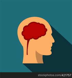 Man head silhouette with brain inside icon. Flat illustration of man head silhouette with brain inside vector icon for web isolated on baby blue background. Man head silhouette with brain inside icon