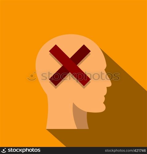 Man head silhouette with red cross inside icon. Flat illustration of man head silhouette with red cross inside vector icon for web isolated on yellow background. Man head silhouette with red cross inside icon