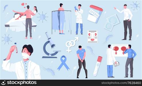 Man health set with flat icons of reproductive tract problems doctors and images of lab equipment vector illustration