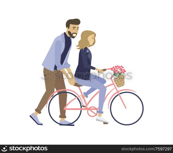 Man helping driving woman, dating of couple, romantic walking, going by bicycle decorated by flower, girl on cycle with blossom, activity and lovers vector. Lovers with Bicycle, Dating of Couple, Love Vector