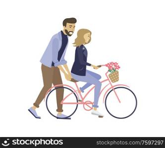 Man helping driving woman, dating of couple, romantic walking, going by bicycle decorated by flower, girl on cycle with blossom, activity and lovers vector. Lovers with Bicycle, Dating of Couple, Love Vector