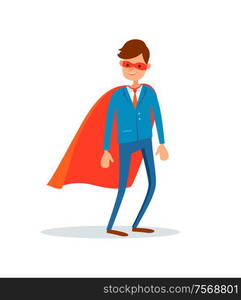 Man hero in mask and mantle, businessman support vector flat stye. Ceo executive leader with robe, super helping and assisting in business helper. Man Hero in Mask and Mantle, Businessman Support