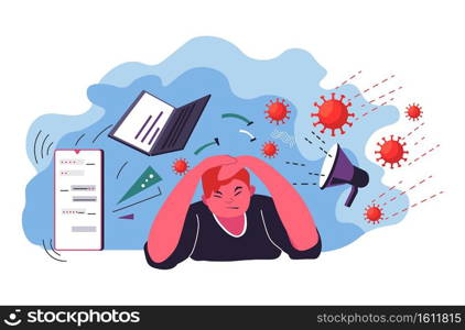 Man hiding from news caused by coronavirus, male character with computer, posts of covid19 and megaphone. Broadcasting updates of outbreaks in world. Ncov19 viral disease vector in flat style. Male character bombarded by coronavirus outbreak global crisis